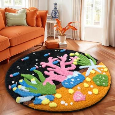 Imagem de YIHOUSE Tapete redondo 3D, tapete coral preto, tapete estético moderno para quarto, tapete felpudo antiderrapante (coral, 1,5 x 1,5 m)