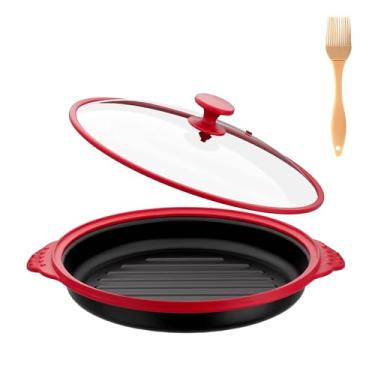 Imagem de Frigideira de micro-ondas com tampa de vidro, grelha de micro-ondas e frigideira para grelhar, fritar, dourar e crocar, panelas de micro-ondas multiuso para churrasqueira, sanduíche e vegetais