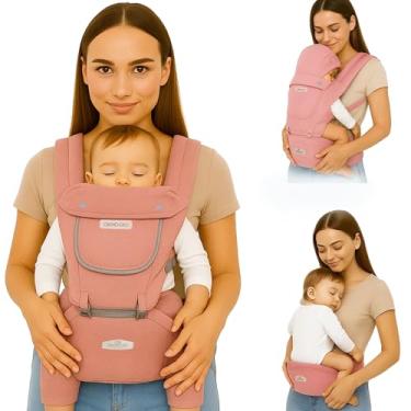 Imagem de AIEBAO Bolsa Canguru Para bebê Exclusive, Confortável, Protetor de Sol e Chuva, Com Assento, 03 Modos de Uso, Apoio Lombar, Bolso Frontal e Lateral com Zíper, Até 48 Meses, Suporta 36kg, Acolchoado, Fivelas Ajustáveis, Rosa.