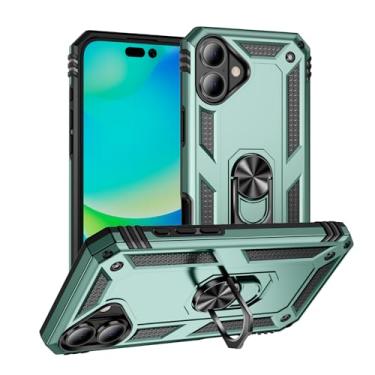 Imagem de SORAKA Capa para iPhone 16 Plus com suporte de anel, capa protetora para iPhone 16 Plus, capa traseira de policarbonato rígido com placa de metal para suporte magnético de telefone e carro, verde