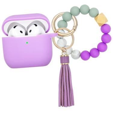 Imagem de KOUJAON Capa compatível com AirPods 4, capa protetora de silicone macio com chaveiro de pulseira, compatível com fones de ouvido sem fio Apple AirPods 4ª geração (roxo claro)