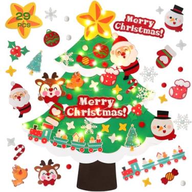 Imagem de Árvore de Natal de feltro para crianças pequenas, 29 peças, enfeites destacáveis, árvore de Natal para pendurar na parede com cordão de luz (pilhas não incluídas)