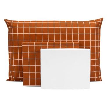 Imagem de Lençol Solteiro 3 pçs Algodão Percal Estampado180 fios (Geométrico Terracota/Branco)