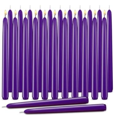 Imagem de Velas afuniladas roxas, conjunto de 24 velas afuniladas sem cheiro e sem fumaça de 25,4 cm, cera de parafina com mechas de algodão para queimar aproximadamente 7 a 8 horas