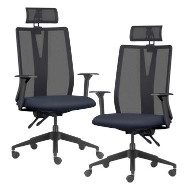 Imagem de Kit 2 Cadeiras Escritório Giratória Presidente Flow F02 Base Preta Sintético Azul - Lyam Decor