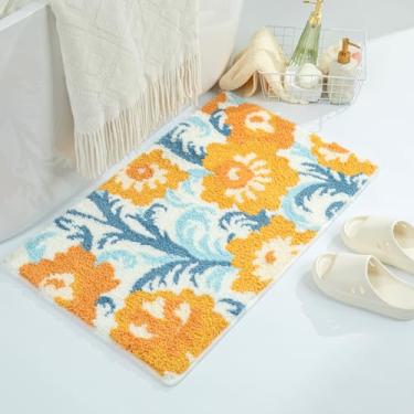 Imagem de Tapete de banheiro floral fofo ultra absorvente e antiderrapante, lavável na máquina, tapete super fofo para banheira, quarto e sala de jantar (58 x 40 cm, azul)