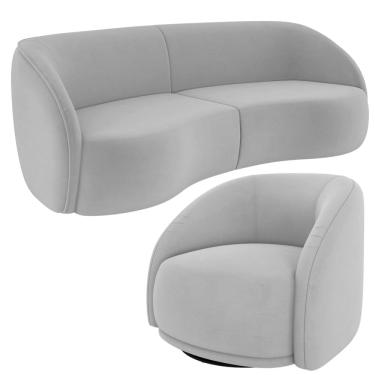 Imagem de Kit Sofá 4 Lugares Eron 240cm Com Poltrona Giratória Angelina M03 Veludo Cinza - Lyam Decor