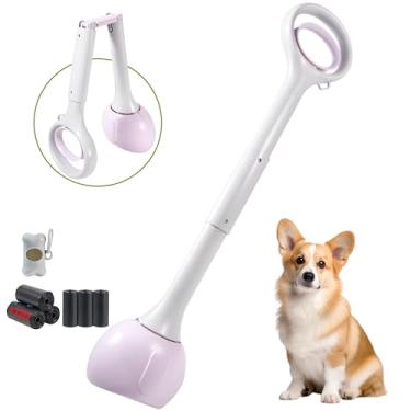 Imagem de NYEONHRT Pá de cachorro portátil com acessório de bolsa, design dobrável com uma mão, inclui 120 sacos de lixo biodegradáveis e dispensador, alça de 71 cm para limpeza de cascalho de jardim de grama
