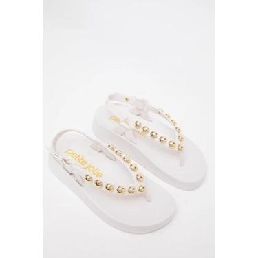Imagem de Sandália Petite Jolie Branca Com Tiras E Detalhes Metálicos Dourados, 