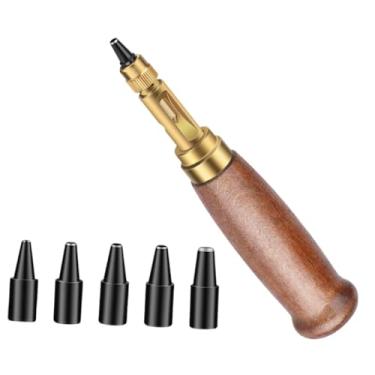 Imagem de Tachiuwa Kit de furador de cinto de couro com 6 pontas intercambiáveis ​​para encadernação de livros, ferramenta de furador de parafuso rotativo multiuso e, Marrom
