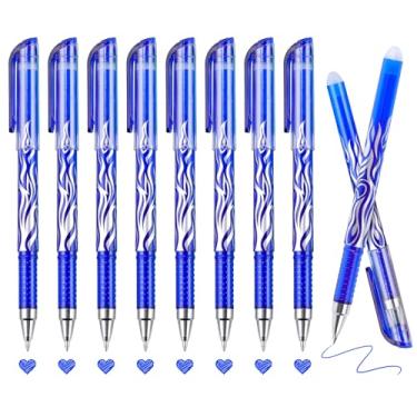 Imagem de RIANCY Pacote com 8 canetas de gel apagáveis de tinta azul, ponta fina de 0,5 mm, barril com estampa de chama, aderência confortável, com borracha, ideal para diário, trabalho escolar, tarefas de