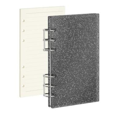 Imagem de PATIKIL Capa para caderno com 6 anéis, fichário acrílico com glitter A6, 2 anéis redondos de metal prateado com 90 folhas forradas, papéis internos para planejamento de viagem e escritório, preto