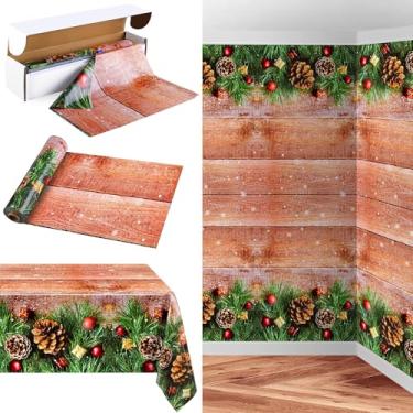 Imagem de Kochorie Toalha de mesa de Natal de 137 x 30 m, rolo de toalha de mesa de madeira de celeiro com caixa de cortador, capa de mesa descartável de grãos, baga, decoração de Natal, decoração de festa