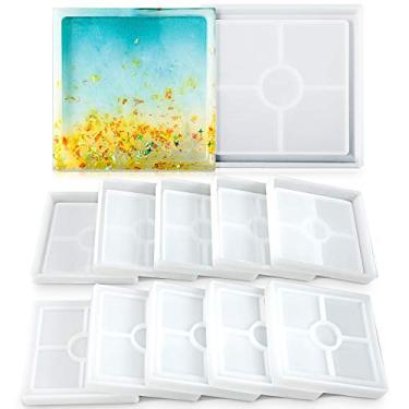 Imagem de 10 moldes quadrados de porta-copos de silicone, bandeja de molde de ágata de silicone, moldes de fundição epóxi, bandeja de forma quadrada, molde de resina para tapetes de copos, fatias de ágata falsas, decorações de casa