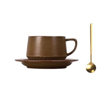 Imagem de hezhuhe2258 Caneca de café retro caneca de cerâmica grande capacidade para casa copo de beber escritório café com pires conjunto de colher 300 ml de armazenamento