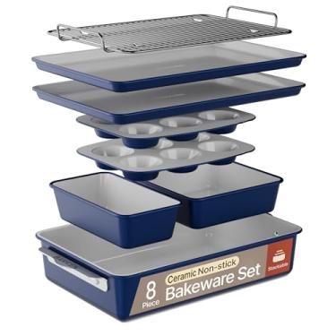 Imagem de Bakken- Swiss Conjunto De Assadeiras Empilháveis Bakken Com 8 Peças - Revestimento Antiaderente Cerâmica, Assadeiras, Formas Variadas, Sem Ptfe, Pfoa E Pfos Assados Saudáveis, Alças Ergonômicas, Gra