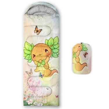 Imagem de QOOMO Kawaii Axolotl Sacos de dormir impermeáveis para adultos e crianças, sacos de dormir de acampamento com estampa de borboleta, clima quente e frio, viagens e ao ar livre, equipamentos de
