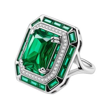 Imagem de Uloveido Anel ajustável de pedra do mês de maio - pedra preciosa simulada esmeralda, corte princesa, faixa de haste dividida de zircônia cúbica, joia de luxo para mulheres, Adjustable, Cristal