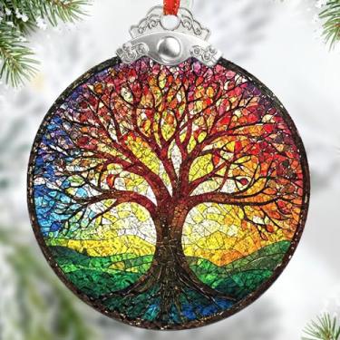 Imagem de Ornamentos de Natal de vidro da árvore da vida - enfeites de árvore de Natal de vitrais coloridos, decoração de casa de férias para uso interno e externo