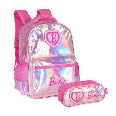 Imagem de Kit Mochila Costas Barbie Holográfica Estojo Triplo Escolar, Pink