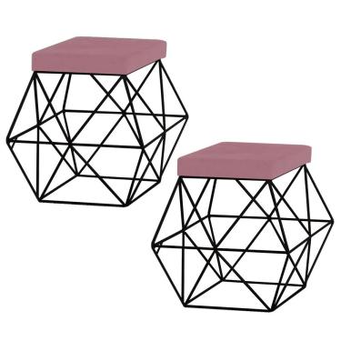 Imagem de Kit 2 Puffs Decorativo Sala de Estar Base Preto Trixie Veludo Rosê - Gran Belo