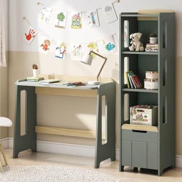 Imagem de Escrivaninha e Estante 3 Nichos com Porta Petit Casatema MadeiraOriginals Verde/Mel