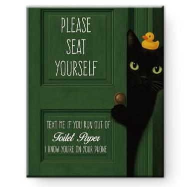 Imagem de Arte de parede em tela de banheiro de gato engraçado - decoração de parede de banheiro verde gato fofo 20 x 25 cm emoldurado me se você ficar sem papel higiênico