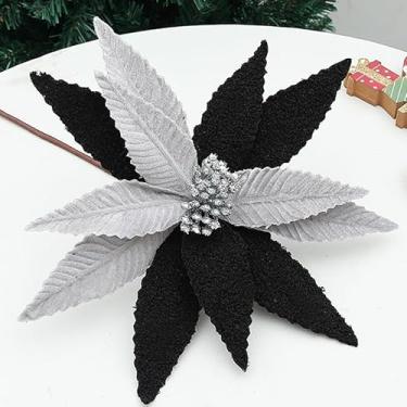 Imagem de tiecawk 4 peças de flores artificiais de Natal para festa de Natal, preto e prata, flor artificial de 33 cm, enfeite de flor de poinsétia para árvore de Natal, faça você mesmo, guirlanda, festa de