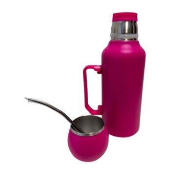 Imagem de Kit Chimarrão | Garrafa Térmica Chimarrão 1300ml com Bomba Inox | Kit Tereré Estilo Bola de Futebol | Aço Inox | Bebidas Quentes e Frias | Cores Variadas (PINK)