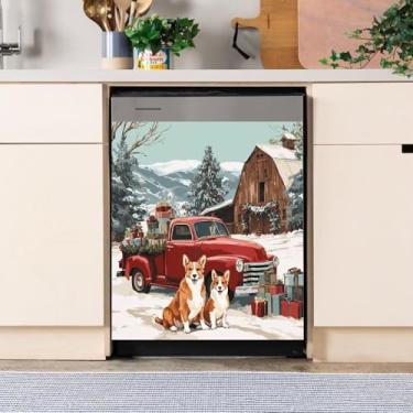Imagem de Capa de ímã de lava-louças de cachorro de estimação caminhão vermelho de Natal, adesivo magnético para lava-louças para decoração de cozinha, adesivos de vinil para painel de ímãs de geladeira 58 cm L