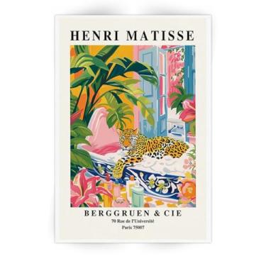 Imagem de SKINGE Arte engraçada de parede de banheiro Henri Matisse Estética do quarto retrô rosa decoração leopardo na banheira pintura em tela obras de arte animal banheiro arte estética imagens 40 x 61 cm