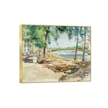 Imagem de BMZFYBS Imagem de arte de parede de paisagem - impressões em tela vintage - cais - pintura com moldura dourada para sala de estar decoração de casa de fazenda 50 x 60 cm 20 x 24 pol