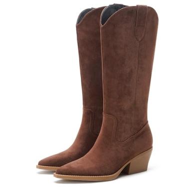 Imagem de ElegaStep Botas femininas de caubói ocidental, cano alto, simples, com sola de borracha confortável para uso diário, Marrom, 35