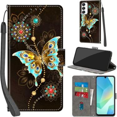 Imagem de Salanheo Capa carteira para Samsung Galaxy A16 4G / A16 5G, com [3 compartimentos para cartões], fecho magnético com suporte, capa protetora de couro PU à prova de choque 17 cm, borboleta verde