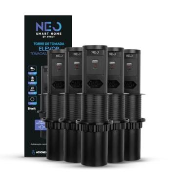Imagem de Kit 5 Torre 1 Tomada Com USB Tipo C Embutir Retrátil Elevor Para Bancada Preto Cod: 370205870-5 Neo Avant