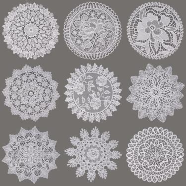 Imagem de 9 peças de toalhas de renda de 20 cm, enfeites de mesa com aparência de crochê, decoração de jogo americano rústico redondo - porta-copos de renda vintage e elegante para cômoda, mesa de jantar, festa