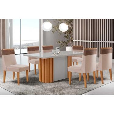 Imagem de Sala Jantar Mesa Pilar Curvo 180cm + 6 Cadeiras Jaspe Madeira Naturale/Off White - Capuccino/Suede Creme - Rufato