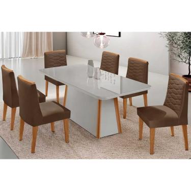 Imagem de Sala Jantar Mesa Tilia Curvo 180cm + 6 Cadeiras Maldivas Madeira Naturale/Off White - Capuccino/Suede Marrom - Rufato