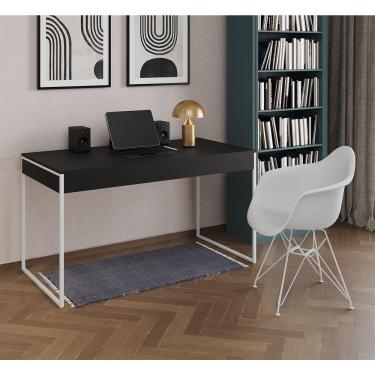 Imagem de Escrivaninha Industrial Office Estudo Malta Preta 137X53Cm Com 1 Poltrona Branca Base F Cor: Preto