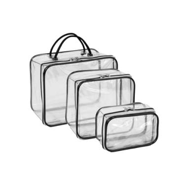 Imagem de Kit 3 Peças Necessaires Transparentes em PVC, Impermeáveis com Zíper, Tamanhos P/M/G, Organizadores para Viagem e Beleza (Transparente, Preto)