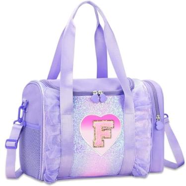 Imagem de Bolsa de dança com monograma personalizada para meninas – Mochila Oxford leve resistente à água para crianças de 3 a 6 anos para balé líder de torcida festa do pijama ginástica roxa F