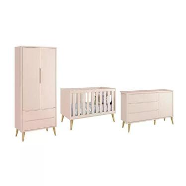 Imagem de Dormitório Theo 2 Portas E Cômoda 1 Porta Rosa Com Pés Madeira Natural - Reller Móveis Rosa