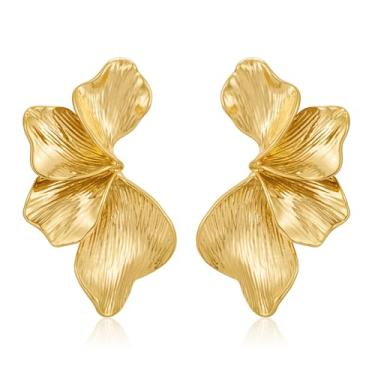 Imagem de immerFancy Brincos femininos com pingente de flor de ouro grosso, hipoalergênico, tropical, férias de verão, grandes folhas exageradas, brincos de gota floral, joias, presentes, Large, Zinco, Sem