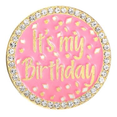 Imagem de Broche de aniversário, Its My Birthday Pins, broche de aniversário rosa metálico de 4 cm com strass, alfinetes de aniversário para mulheres