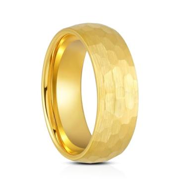 Imagem de SATAER Aliança de casamento de tungstênio de ouro martelado premium de 6 mm, 8 mm, para homens e mulheres, ajuste confortável, superfície texturizada escovada, tamanho 5-15, Carboneto de tungstênio