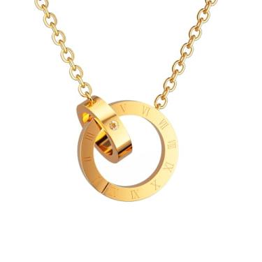 Imagem de PEITEN Colar com pingente de círculo numeral romano, corrente banhada a ouro, detalhes de cristal, Large, aço de titânio, Sem Pedra Preciosa