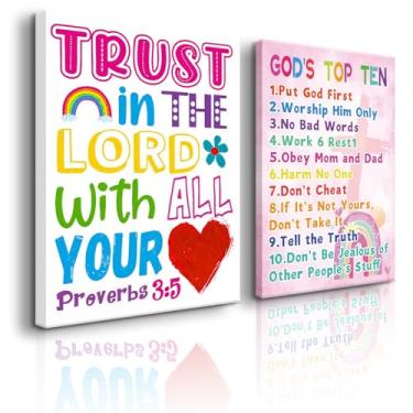 Imagem de 2 peças de arte de parede bíblica infantil Believe In The Lord Bíblia decoração de parede tela cristã infantil pôster religioso impressão de imagem pintura para quarto de oração quarto decoração de