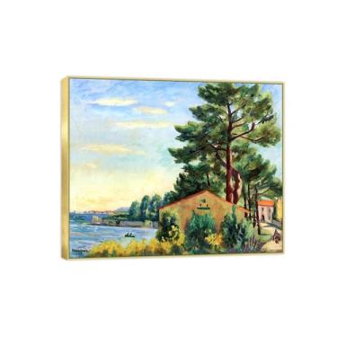 Imagem de BMZFYBS Famosa imagem de paisagem de arte de parede - impressões em tela - Rio por árvore - Pintura com moldura dourada para sala de estar banheiro decoração de casa 30 x 35 cm 12 x 13 polegadas