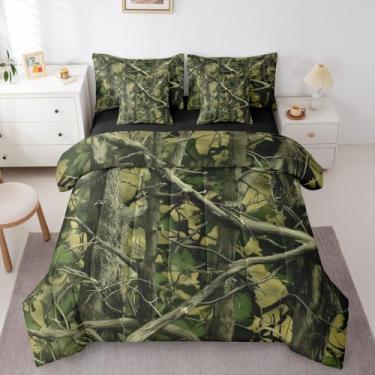 Imagem de Erosebridal Jogo de cama Queen com estampa camuflada de folhas e tronco de árvore de fazenda com tema de folhas e folhas verdes para adolescentes e mulheres