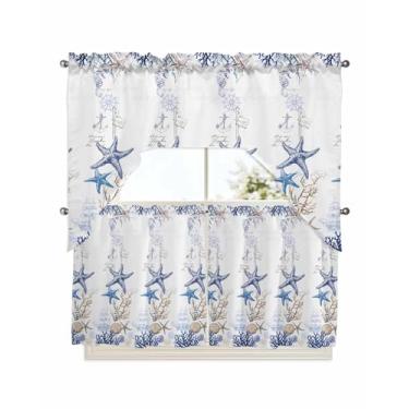 Imagem de Conjunto de 3 peças de cortina e saia de cozinha de estrela do mar costeira, cortinas de camada curta com bolso de haste, 61 cm de comprimento, âncora de navio coral náutico, cobertura de leme, janela